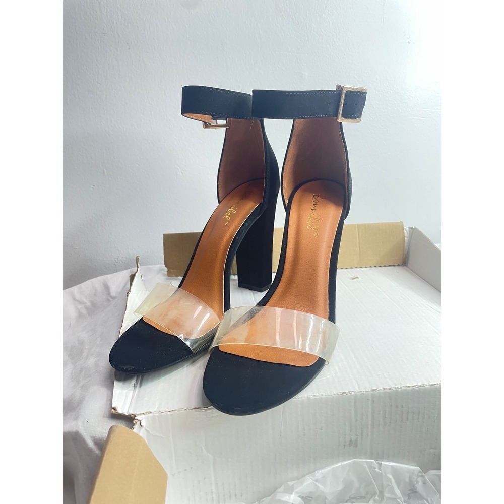 Black Suede Clear Strap Block Heel Ankle Strap Sandals Size 8 - Picture 4 of 6